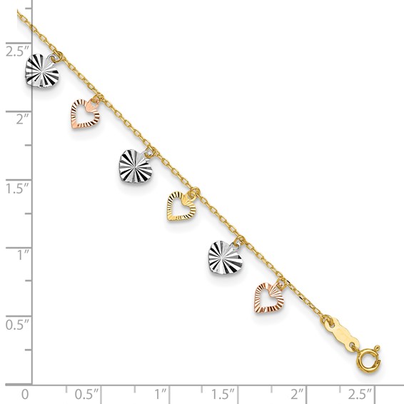 14K Tri-Color Dangle Hearts 9 inch Plus 1 inch Extender - Total 10 inch Anklet