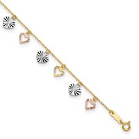 14K Tri-Color Dangle Hearts Plus 1 Inch Extender - Total 10 Inch Anklet - 9in view 1