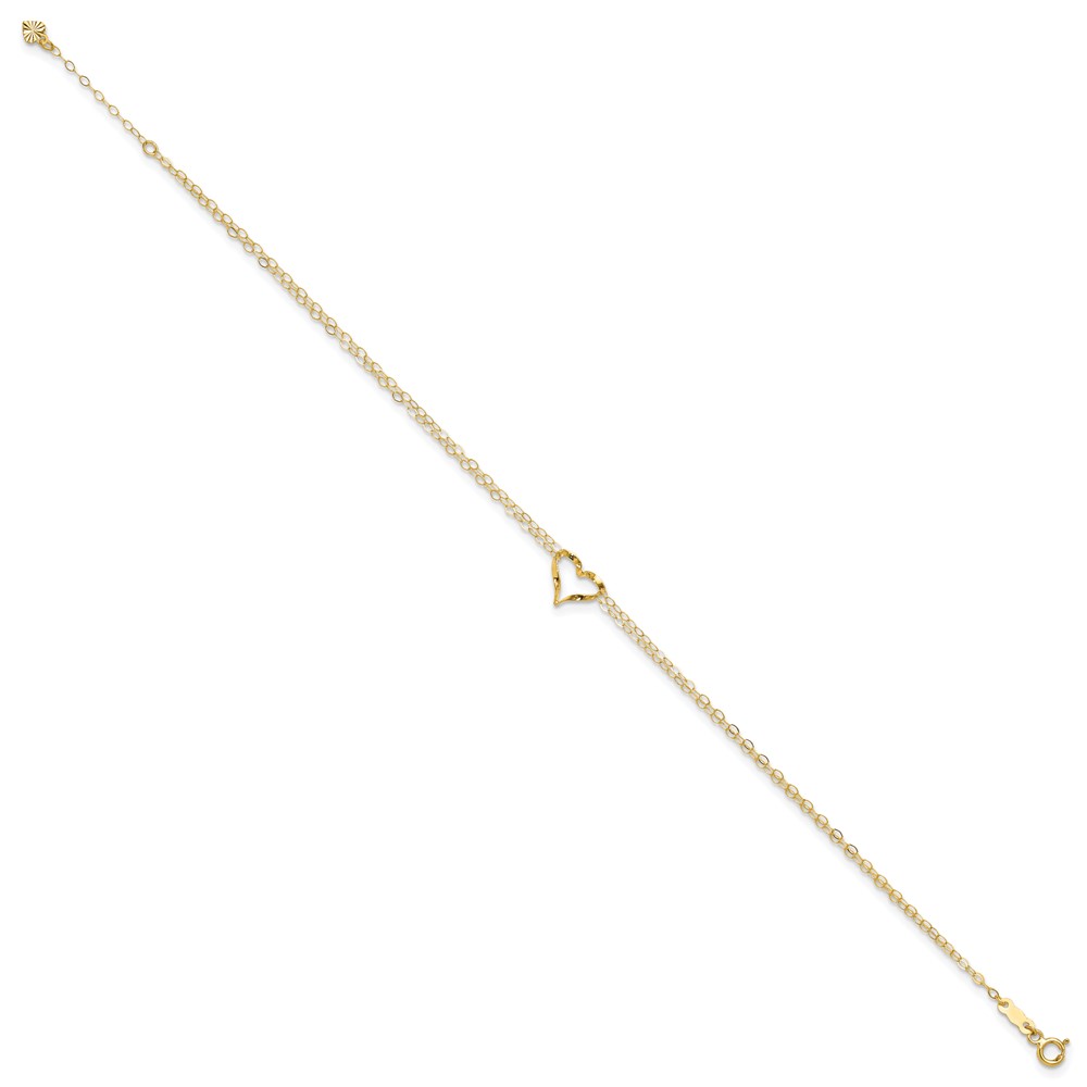 14k Double Strand Chain and Open Twisted Heart 10 inch Anklet Plus 1 inch Heart Dangle Extender (ANK173-10)