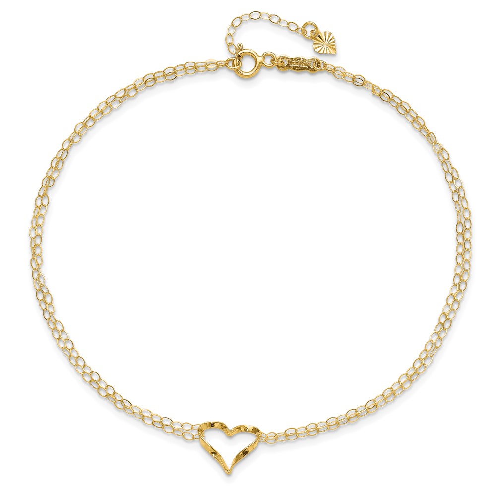 14k Double Strand Chain and Open Twisted Heart 10 inch Anklet Plus 1 inch Heart Dangle Extender (ANK173-10)