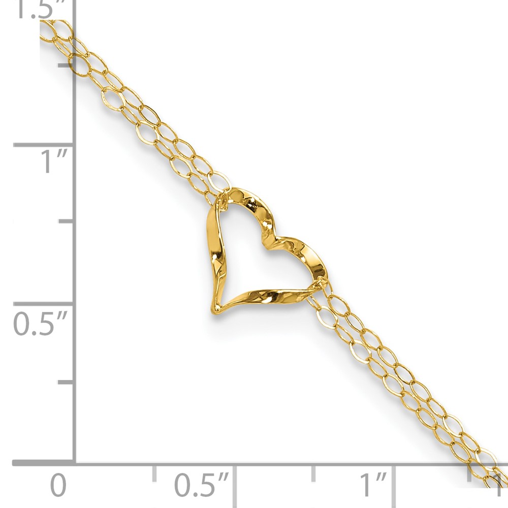 14k Double Strand Chain and Open Twisted Heart 10 inch Anklet Plus 1 inch Heart Dangle Extender (ANK173-10)