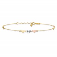 14K Tri-Color Diamond-cut Hearts Plus 1 Inch Extender - Total 10 Inch Anklet, 9" view 3
