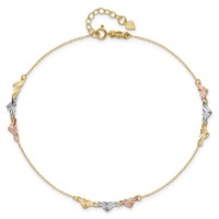 14K Tri-Color Diamond-cut Hearts Plus 1 Inch Extender - Total 10 Inch Anklet, 9" view 4
