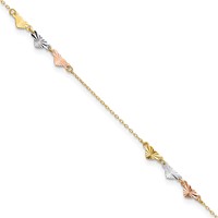 14K Tri-Color Diamond-cut Hearts Plus 1 Inch Extender - Total 10 Inch Anklet, 9" view 1