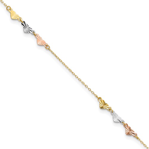 14K Tri-Color Diamond-cut Hearts Plus 1 Inch Extender - Total 10 Inch Anklet, 9"