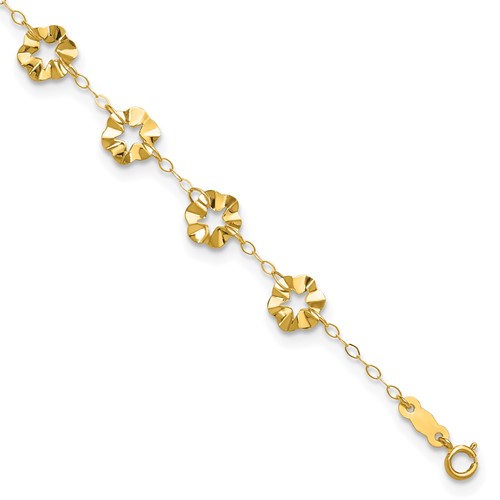 14K Yellow Gold Ruffle Star Flowers Plus 1 Inch Extender - Total 10 Inch Anklet, 9"