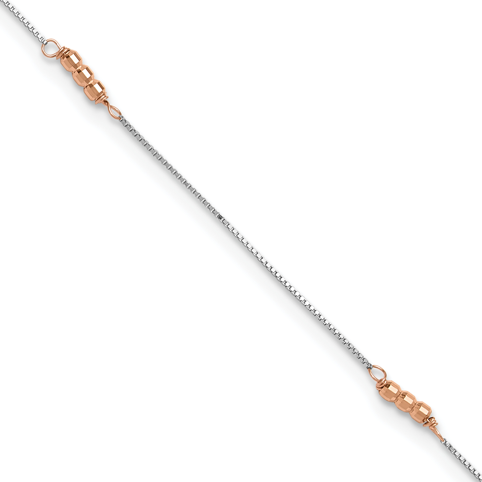 14K Two-Tone Mirror Beaded 4-Station 9 inch Anklet Plus 1 inch Heart Dangle Extender (ANK179-9)