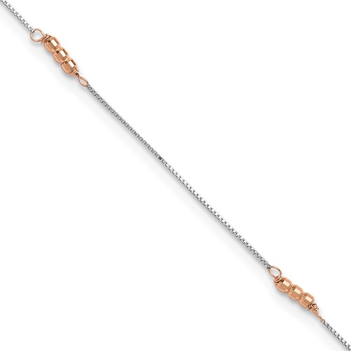 14K Two-Tone Mirror Beaded 4-Station Plus 1 Inch Extender - Total 10 Inch Anklet, 9"
