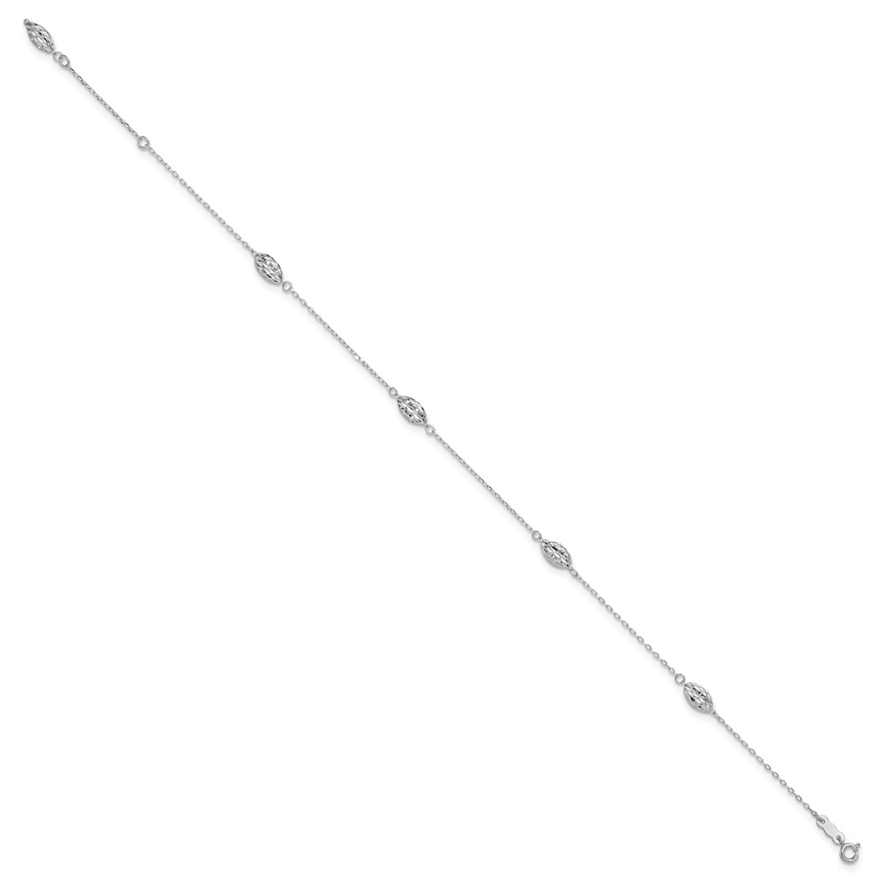 14k White Gold Polished Cable Chain and Diamond-cut Rice Puff Beads 4-Station 9 inch Anklet Plus 1 inch Extender (ANK181-9)