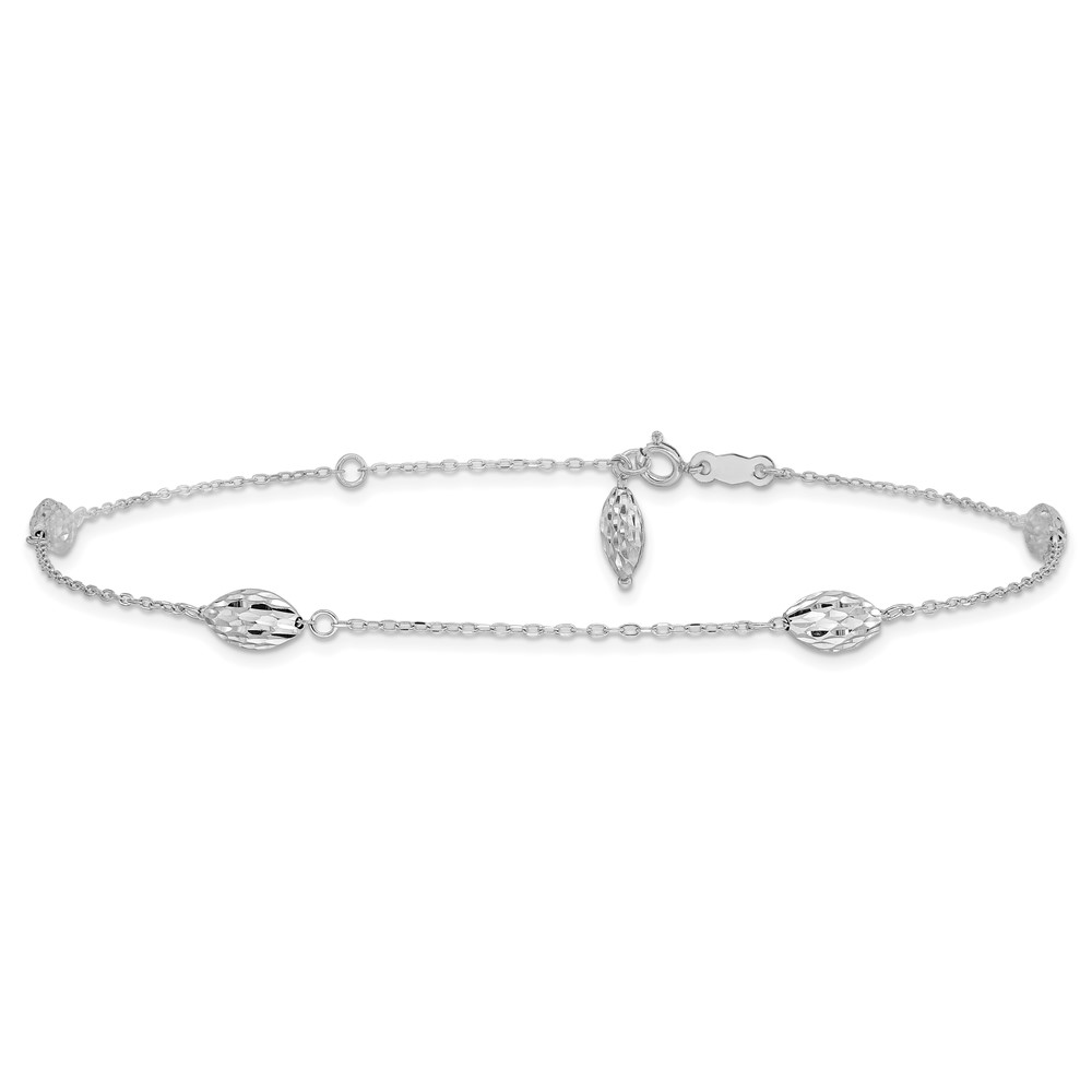 14k White Gold Polished Cable Chain and Diamond-cut Rice Puff Beads 4-Station 9 inch Anklet Plus 1 inch Extender (ANK181-9)