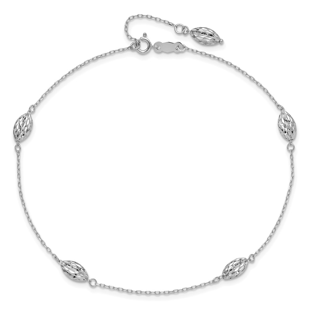 14k White Gold Polished Cable Chain and Diamond-cut Rice Puff Beads 4-Station 9 inch Anklet Plus 1 inch Extender (ANK181-9)