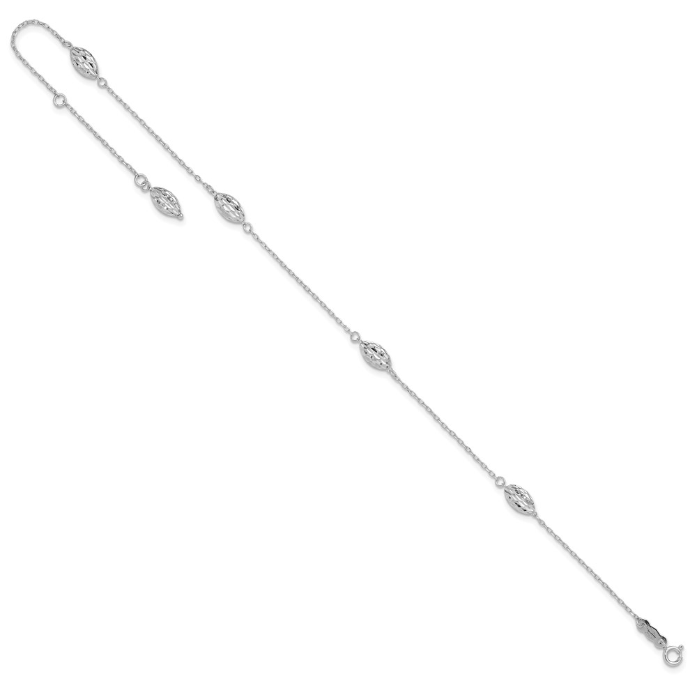 14k White Gold Polished Cable Chain and Diamond-cut Rice Puff Beads 4-Station 9 inch Anklet Plus 1 inch Extender (ANK181-9)