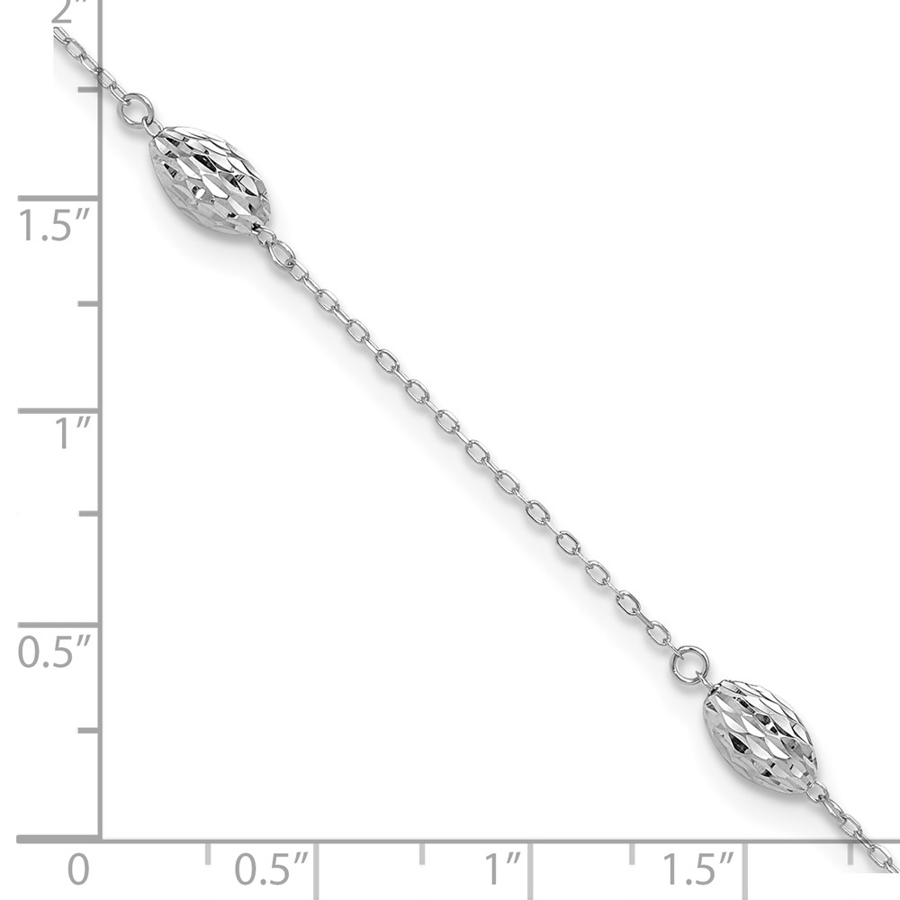 14k White Gold Polished Cable Chain and Diamond-cut Rice Puff Beads 4-Station 9 inch Anklet Plus 1 inch Extender (ANK181-9)
