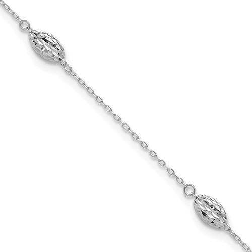 14K White Gold Diamond-cut Rice Puff Beads 4-Station Plus 1 Inch Extender - Total 10 Inch Anklet - 9in