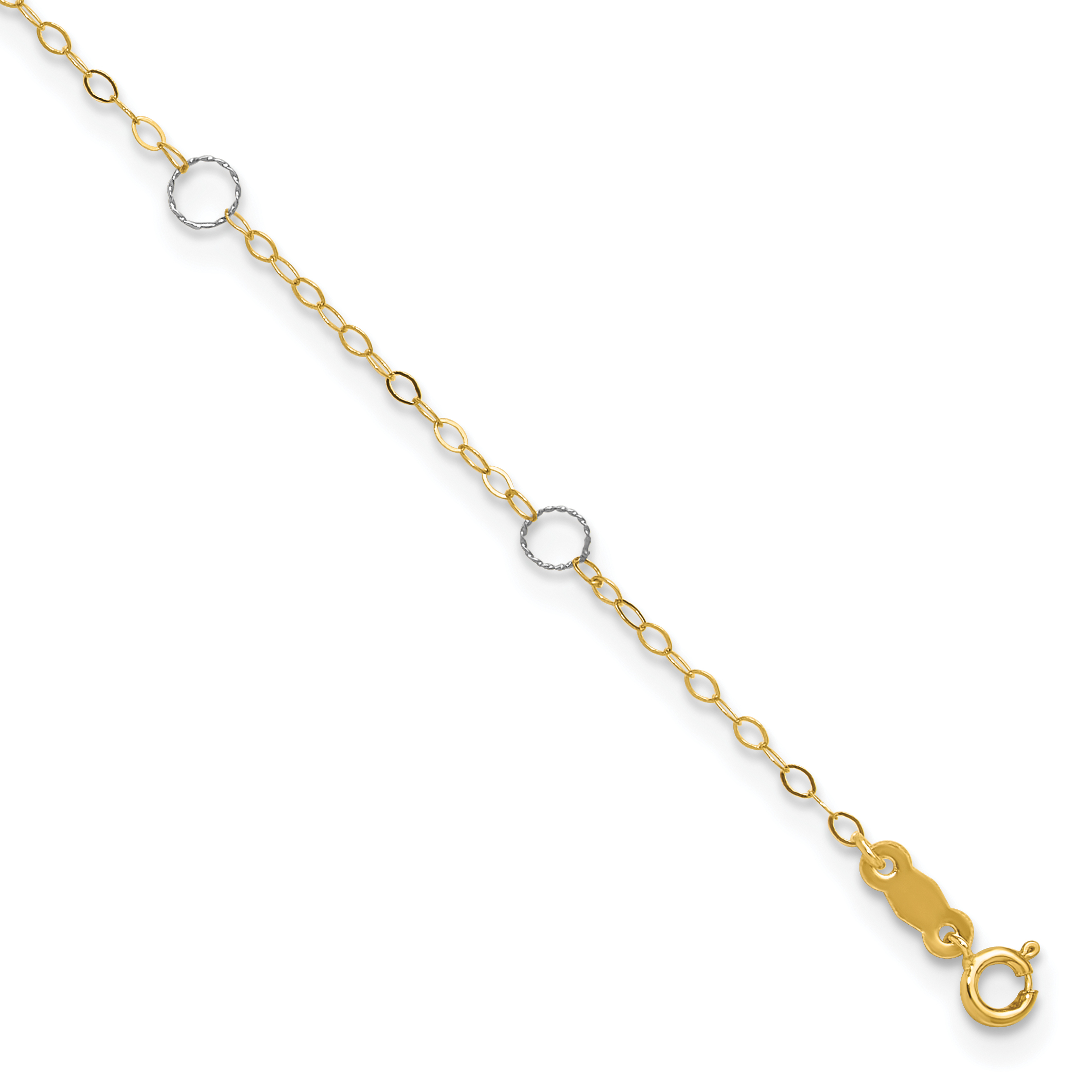 14k Two-tone Circles 7-Station 9 inch Anklet Plus 1 inch Heart Dangle Extender (ANK184-9)