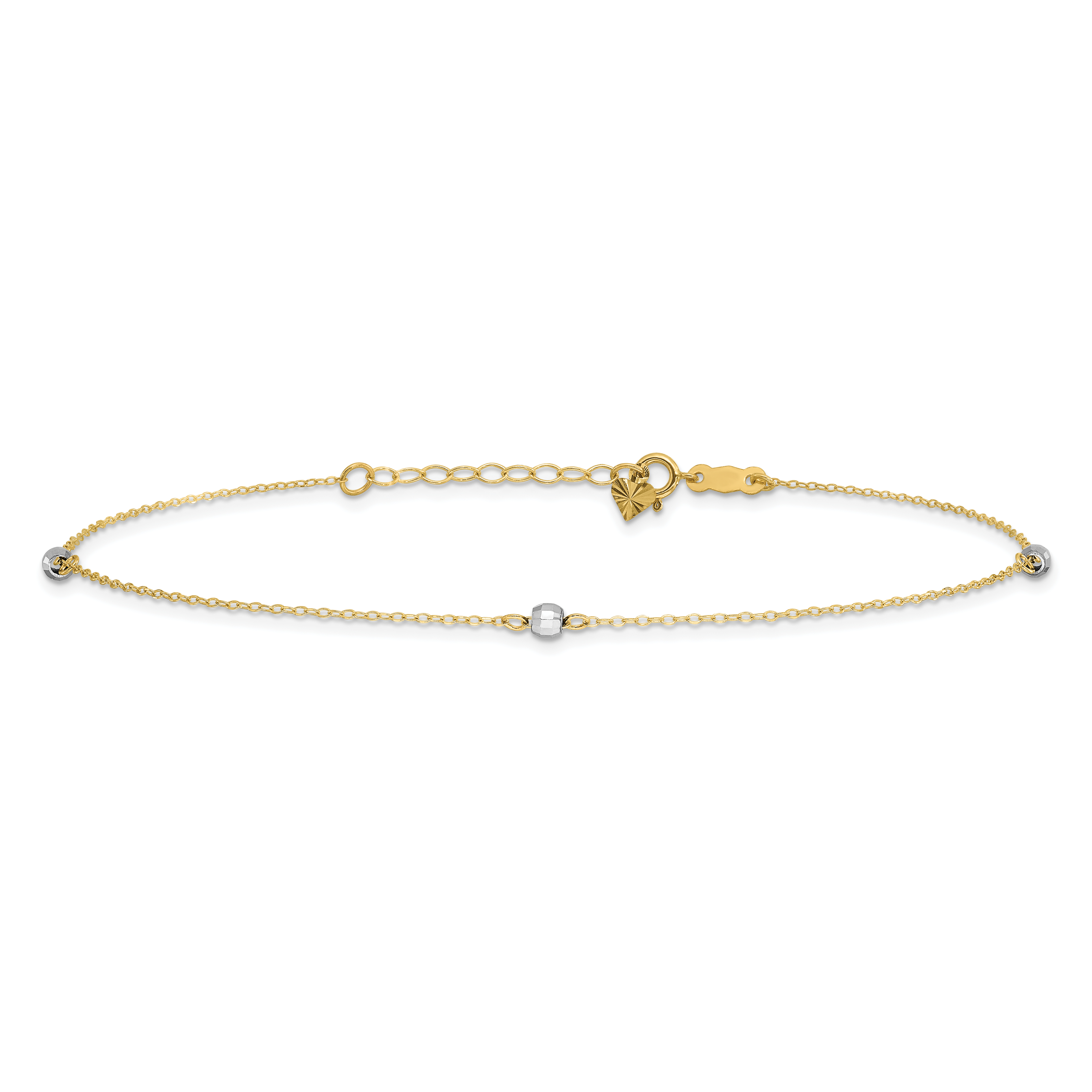 14k Two-tone Mirror Bead 9in Plus 1in ext. Anklet ANK185