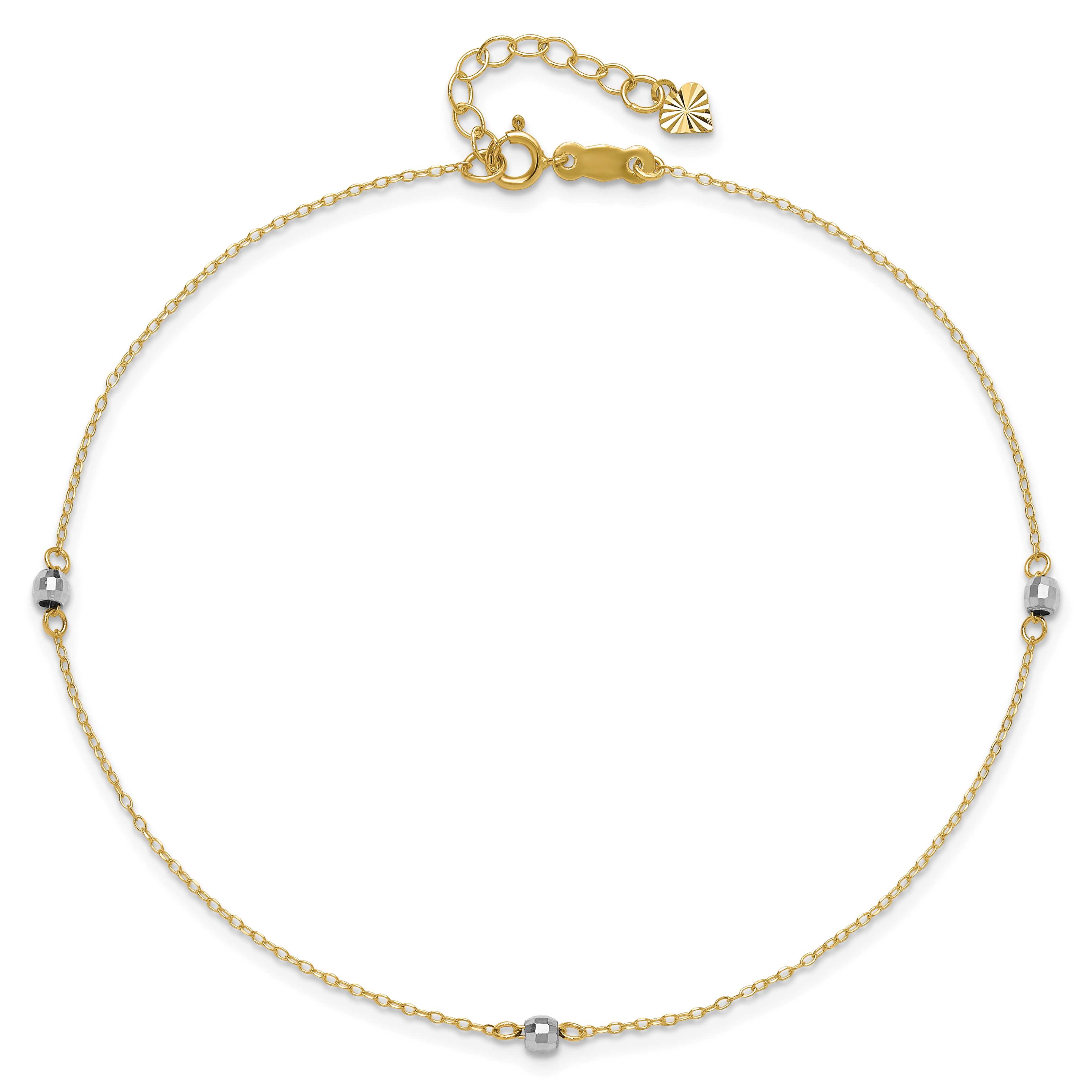 14k Two-tone Mirror Bead 9in Plus 1in ext. Anklet ANK185