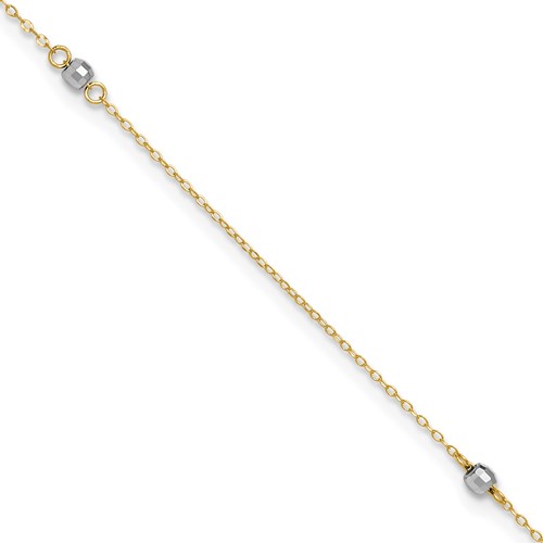 14K Two-tone Mirror Beads 3-Station Plus 1 Inch Extender - Total 10 Inch Anklet, 9"
