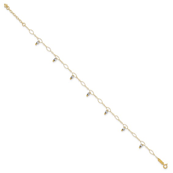 14K Two-Tone Mirror Bead Dangles 9 inch Plus 1 inch Extender - Total 10 inch Anklet