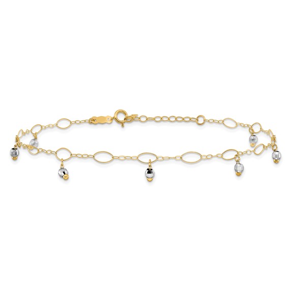 14K Two-Tone Mirror Bead Dangles 9 inch Plus 1 inch Extender - Total 10 inch Anklet