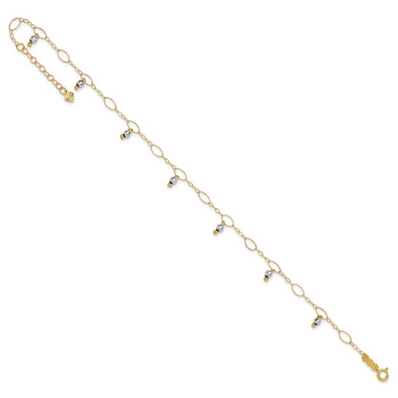 14K Two-Tone Mirror Bead Dangles 9 inch Plus 1 inch Extender - Total 10 inch Anklet