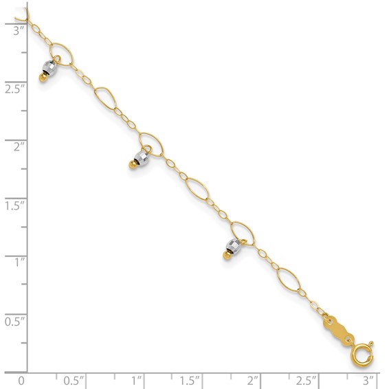 14K Two-Tone Mirror Bead Dangles 9 inch Plus 1 inch Extender - Total 10 inch Anklet
