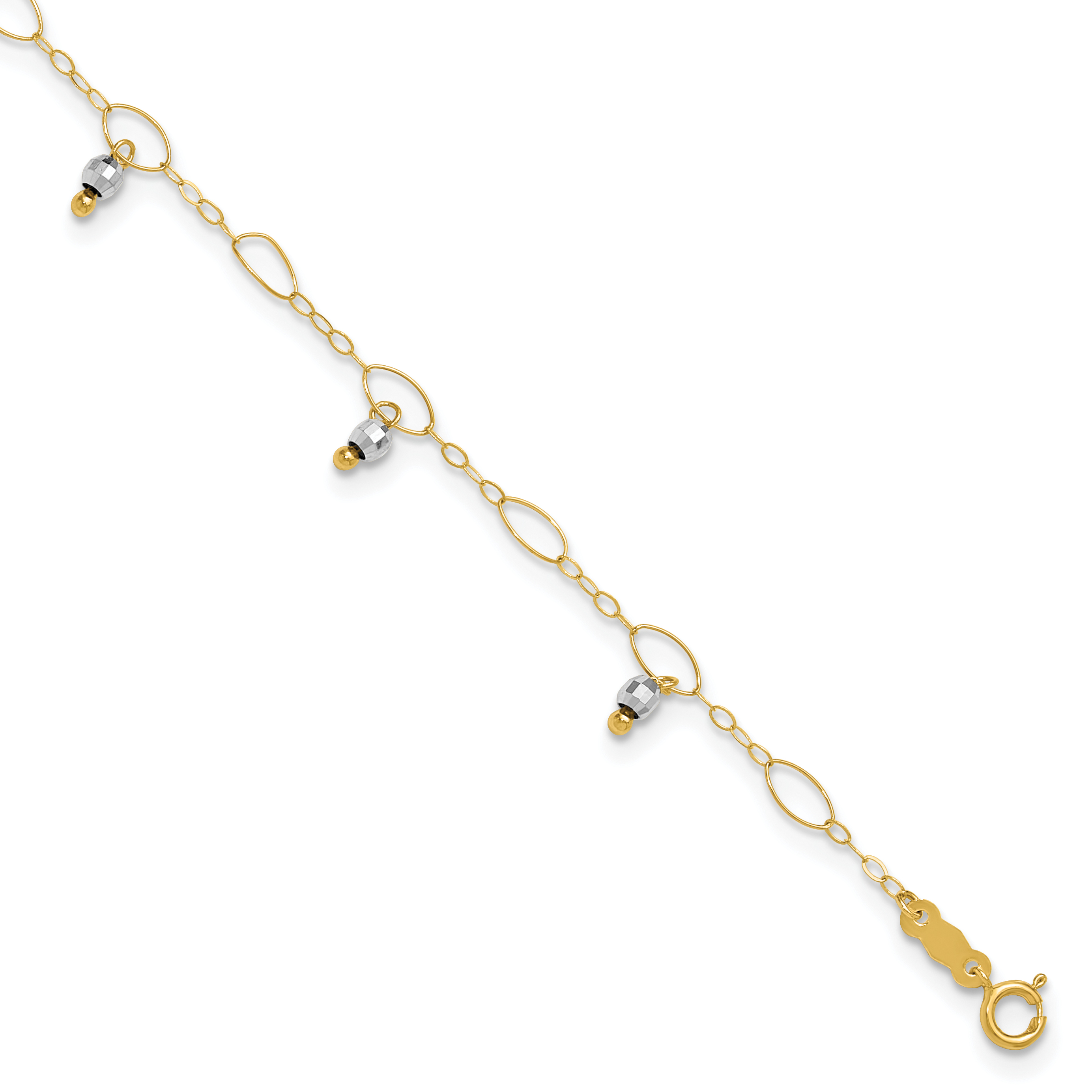14K Two-Tone Mirror Bead Dangle Anklet with 1 Inch Extender