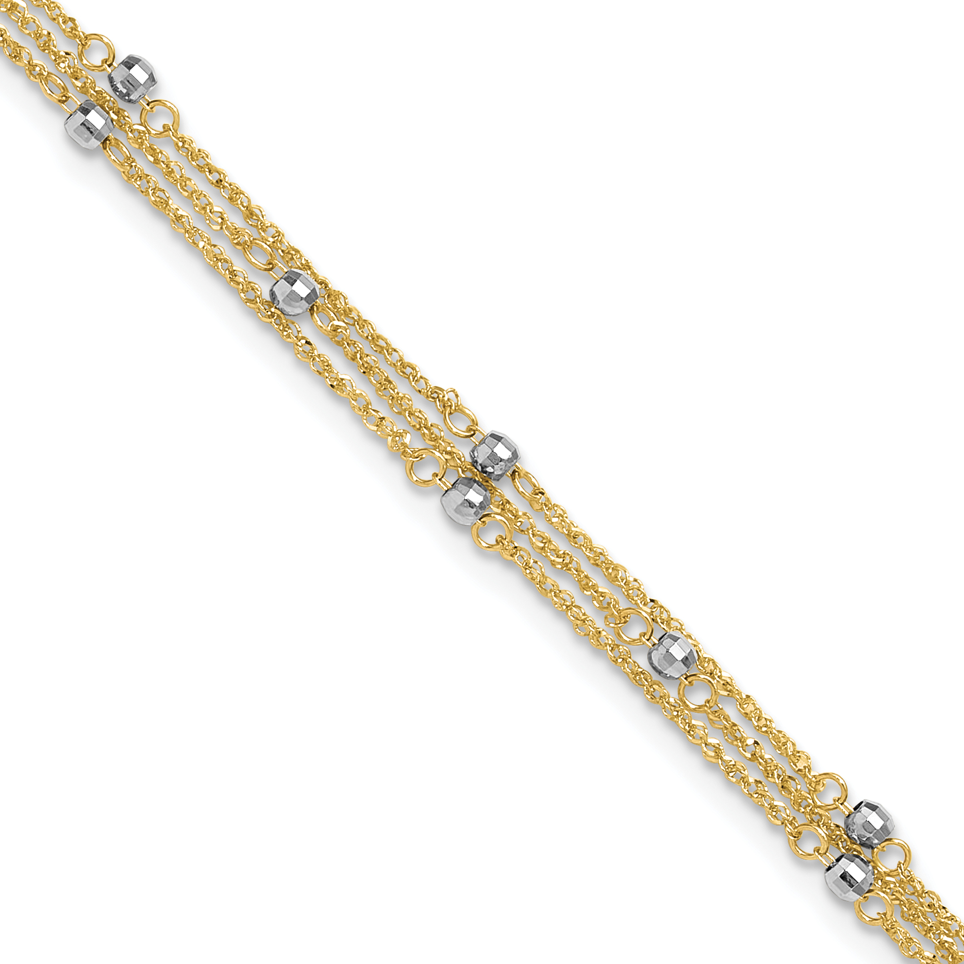 14k Two-tone Triple Strand Spiga Chain with Mirror Beads 10 inch Anklet Plus 1 inch Heart Dangle Extender (ANK194-10)