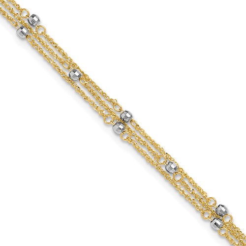 14K Two-tone 3-Strand Chain with Mirror Beads 9 Inch Plus 1 Inch Extender - Total 10 Inch Anklet