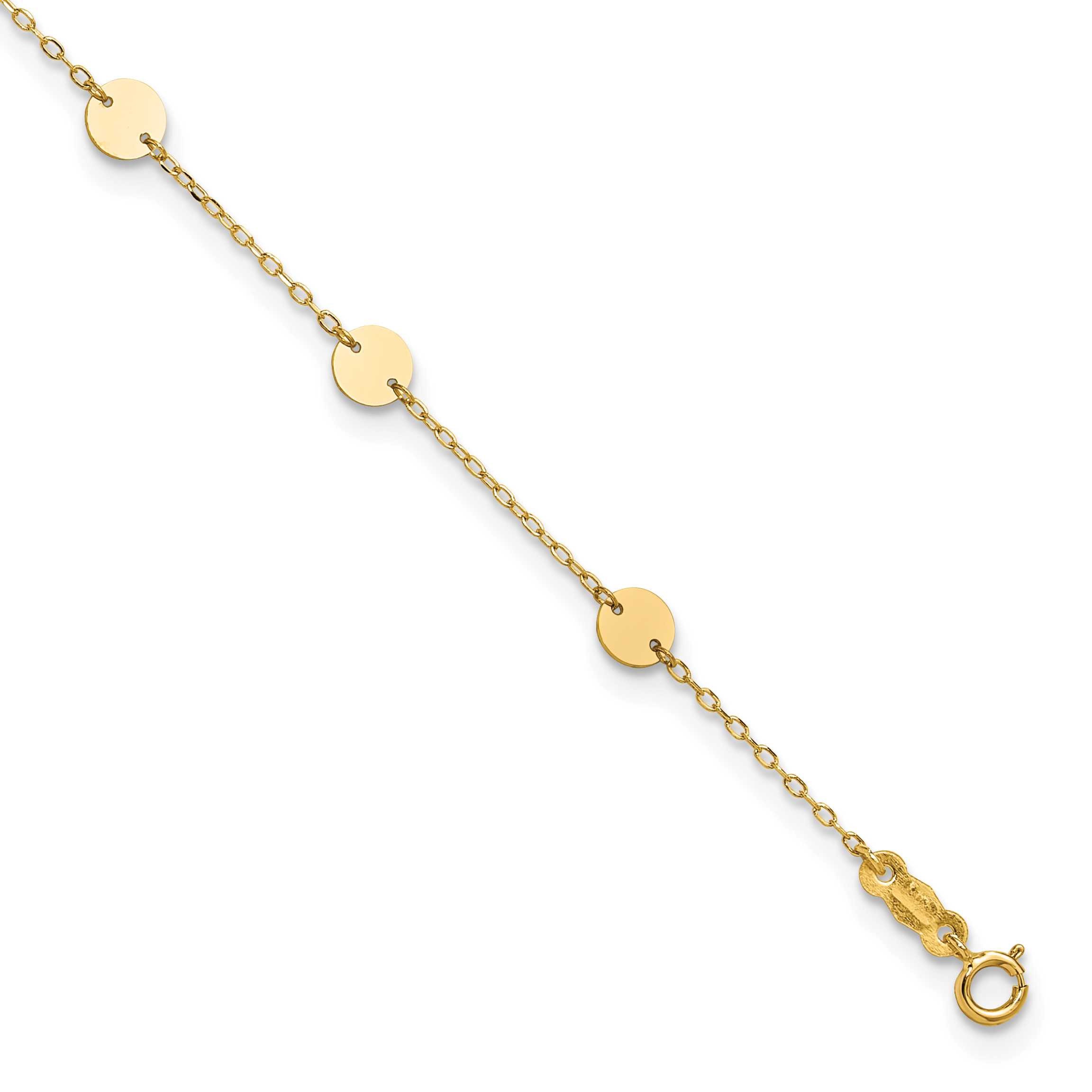 14K Polished 4.75mm Disc 9-Station 9 inch Anklet Plus 1 inch Heart Dangle Extender (ANK195-9)