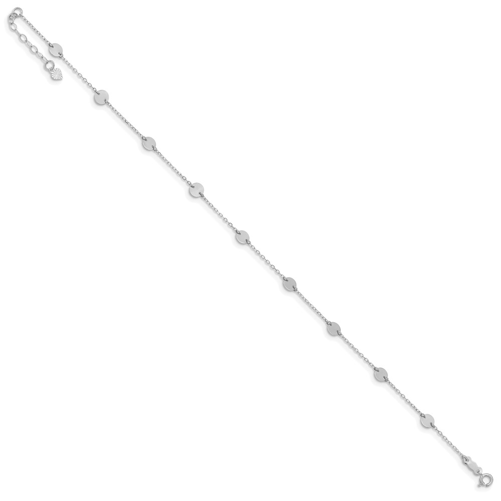14K White Gold Polished 4.75mm Disc 9-Station 9 inch Anklet Plus 1 inch Heart Dangle Extender (ANK195W-9)