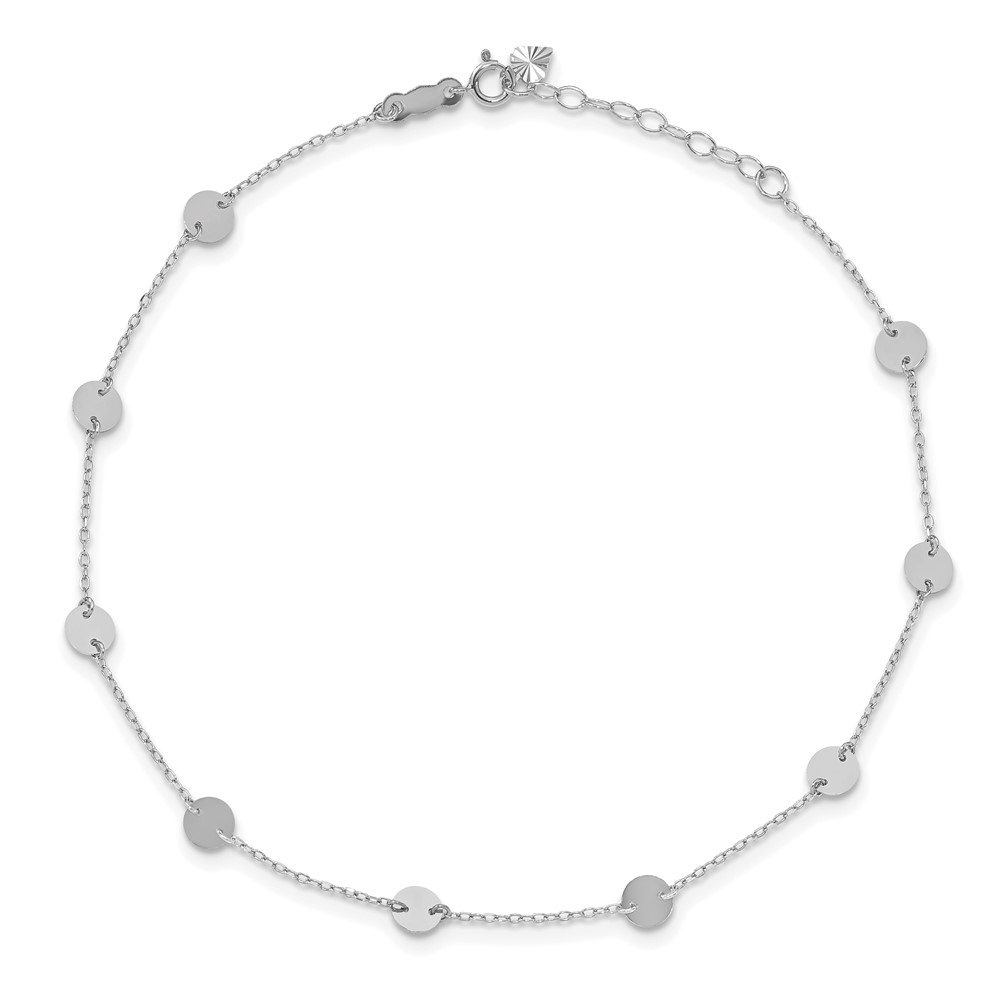 14K White Gold Polished 4.75mm Disc 9-Station 9 inch Anklet Plus 1 inch Heart Dangle Extender (ANK195W-9)
