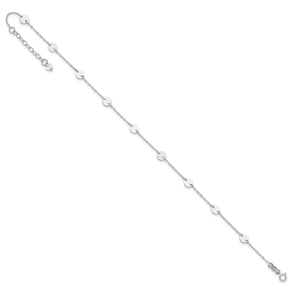 14K White Gold Polished 4.75mm Disc 9-Station 9 inch Anklet Plus 1 inch Heart Dangle Extender (ANK195W-9)