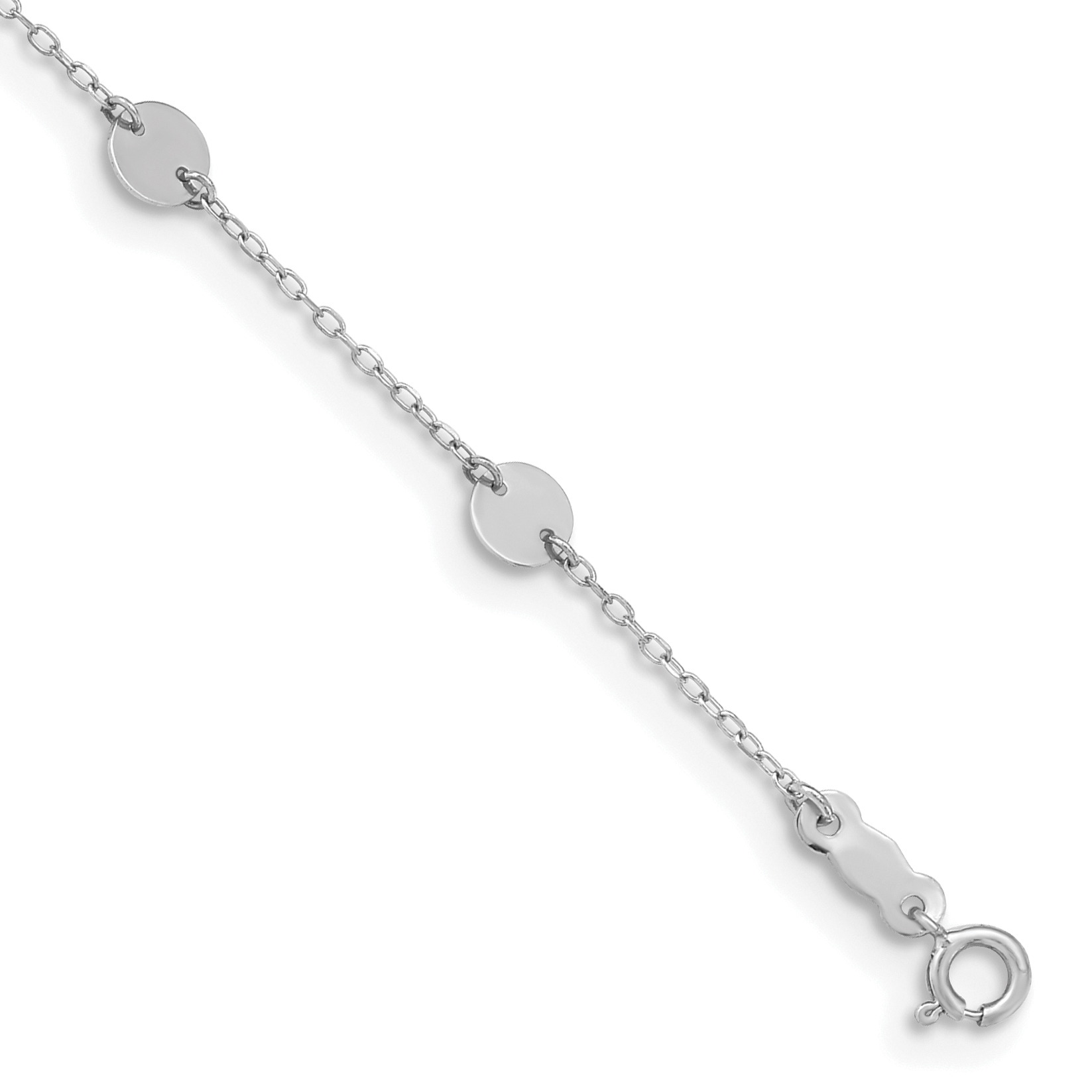 14K White Gold Polished 4.75mm Disc 9-Station 9 inch Anklet Plus 1 inch Heart Dangle Extender (ANK195W-9)