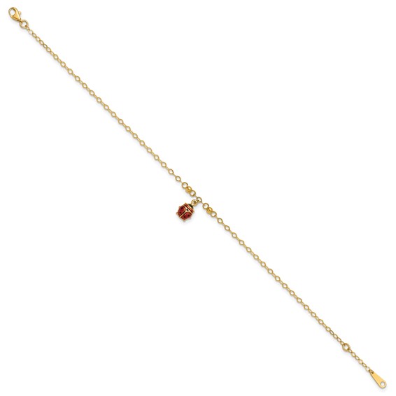 14K Red and Black Enameled Ladybug 9 inch Plus 1 inch Extender - Total 10 inch Anklet