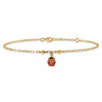 14K Yellow Gold Red and Black Enameled Ladybug Plus 1 Inch Extender - Total 10 Inch Anklet, 9" view 3