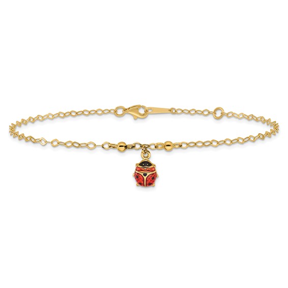14K Red and Black Enameled Ladybug 9 inch Plus 1 inch Extender - Total 10 inch Anklet