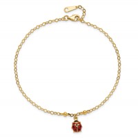 14K Yellow Gold Red and Black Enameled Ladybug Plus 1 Inch Extender - Total 10 Inch Anklet, 9" view 4