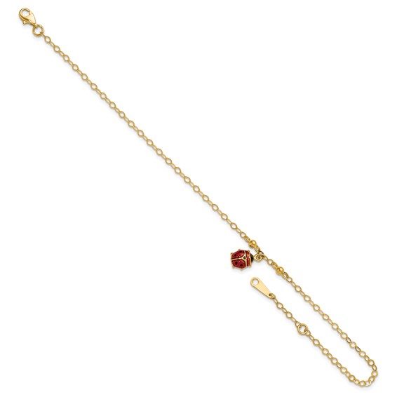 14K Red and Black Enameled Ladybug 9 inch Plus 1 inch Extender - Total 10 inch Anklet