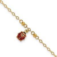 14K Yellow Gold Red and Black Enameled Ladybug Plus 1 Inch Extender - Total 10 Inch Anklet, 9" view 1