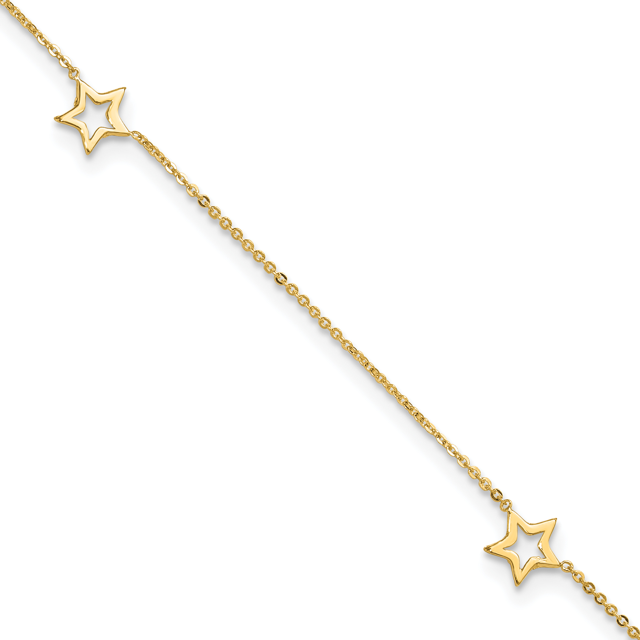14K Open Star 3-Station 9 inch Anklet Plus 1 inch Heart Dangle Extender (ANK199-9)