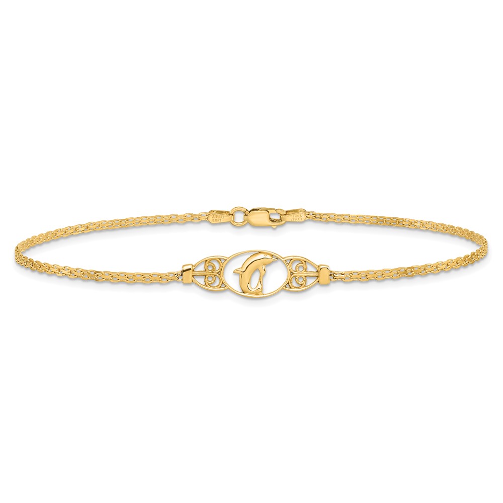 14k Polished Dolphin and Filigree Bismark Chain 10 inch Anklet (ANK2-10)