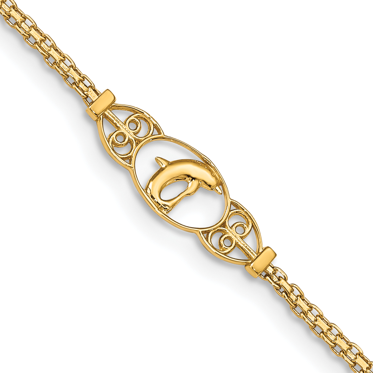 14k Polished Dolphin and Filigree Bismark Chain 10 inch Anklet (ANK2-10)