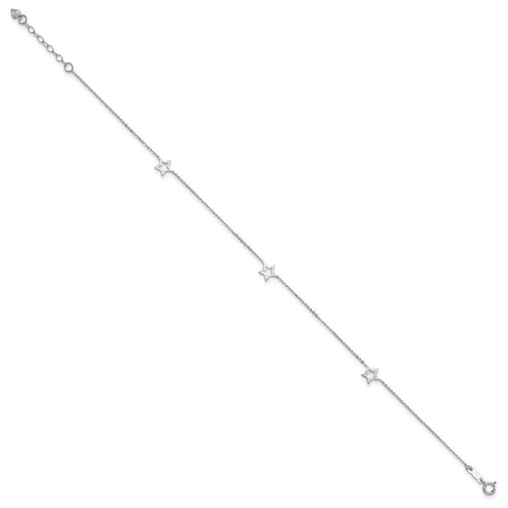 14K White Gold Open Star 3-Station 9 inch Anklet Plus 1 inch Heart Dangle Extender (ANK200-9)