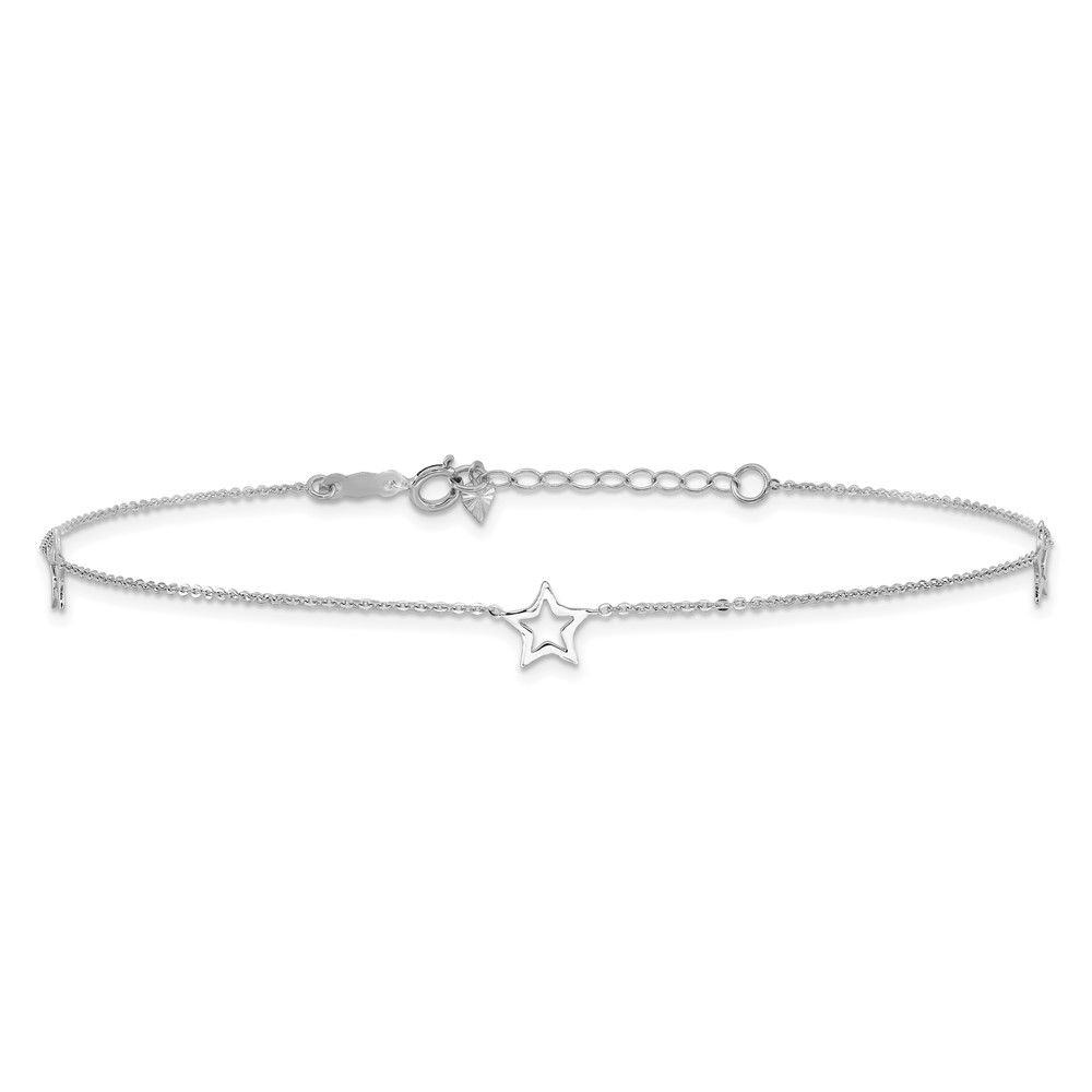 14K White Gold Open Star 3-Station 9 inch Anklet Plus 1 inch Heart Dangle Extender (ANK200-9)