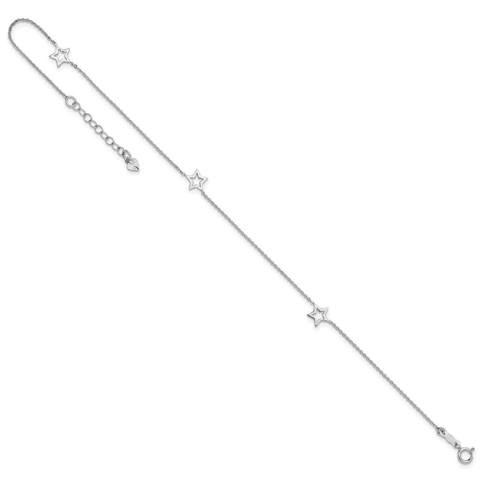 14K White Gold Open Star 3-Station 9 inch Anklet Plus 1 inch Heart Dangle Extender (ANK200-9)