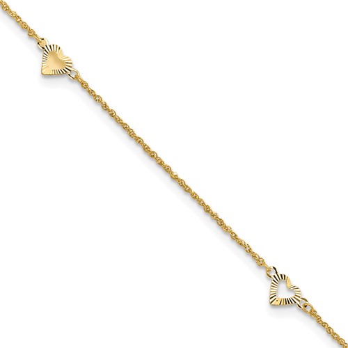 14k Diamond-cut Hearts 10in Plus 1in ext Anklet