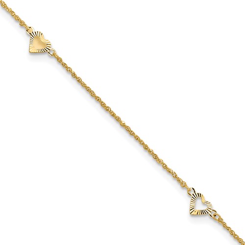 14K Yellow Gold Diamond-cut Hearts 3-Station Plus 1 Inch Extender - Total 10 Inch Anklet, 9"