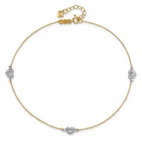 14K Two-tone Diamond-cut Triple Puffed Hearts Plus 1 Inch Extender - Total 10 Inch Anklet, 9" view 4