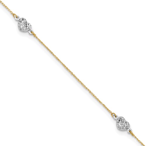 14K Two-tone Diamond-cut Triple Puffed Hearts Plus 1 Inch Extender - Total 10 Inch Anklet, 9"